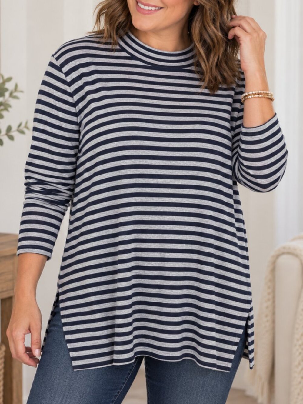 Chico's Navy Blue & Grey Striped Ribbed Knit Casual Tunic Top Minimalist Large